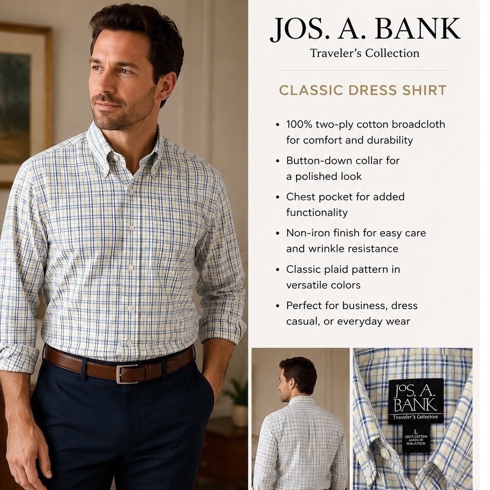 Jos. A. Bank Dress Shirt Mens Large Yellow Blue Plaid Excellent Traveler's